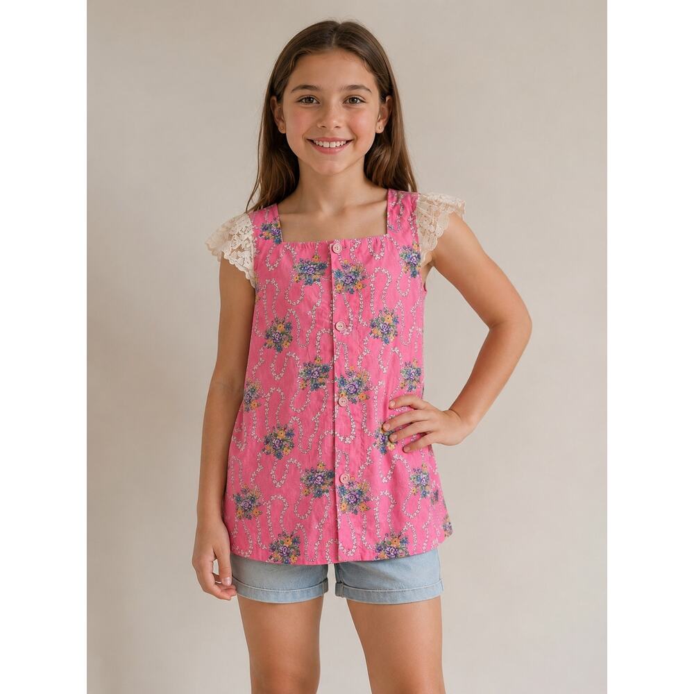 Vintage Handmade Pink Floral Lace Sleeve Tunic Top | Girls 12–14